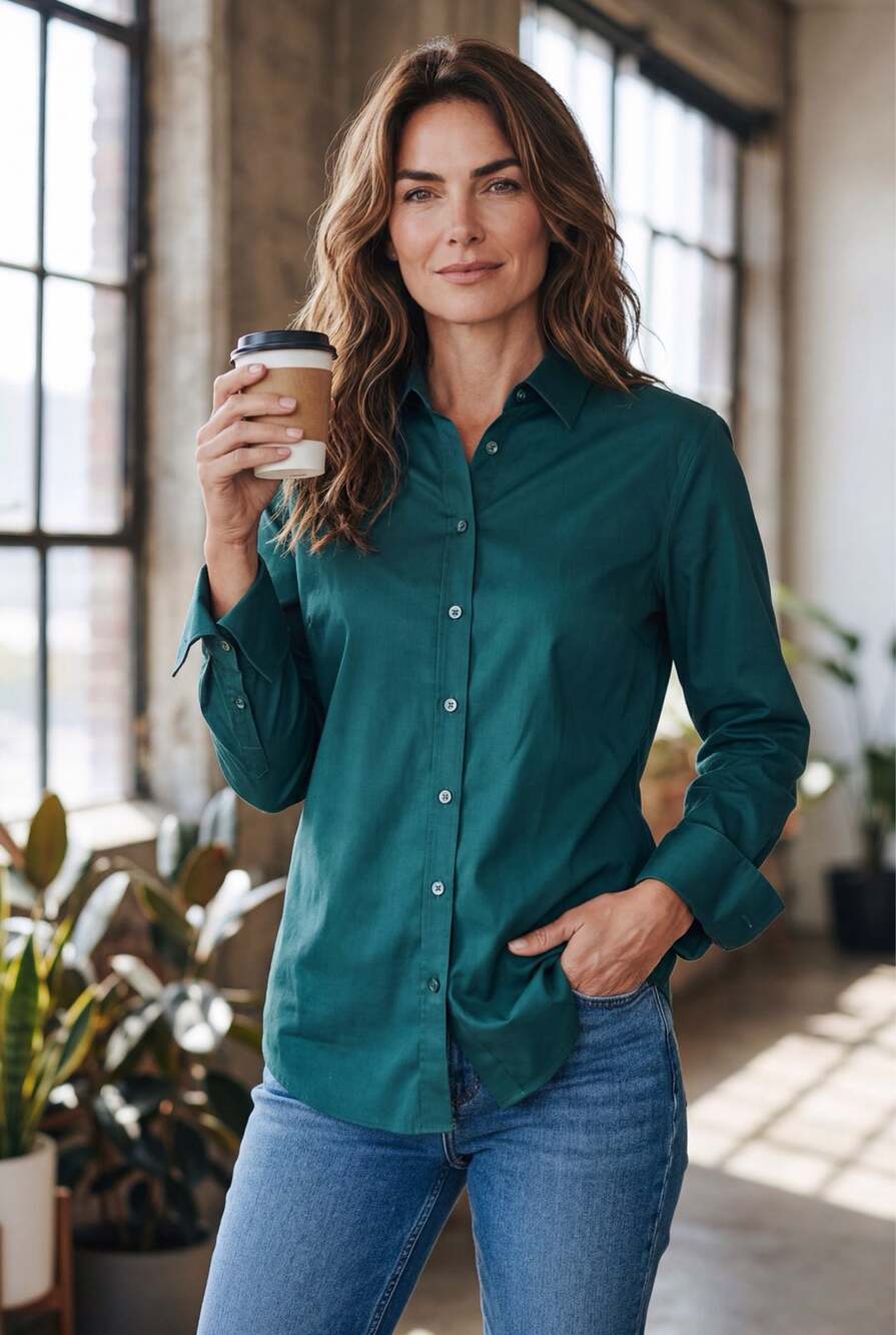 Chico's Signature Classic No Iron Blouse Button Front Cuffed Sleeve Forest Green